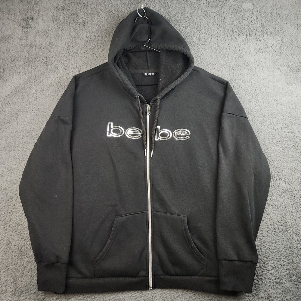 Bebe Sport Silver Sparkle Logo Black Full Zip Hoodie Women 3XL Sweatshirt Jacket